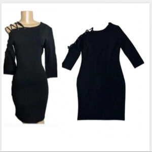 In style BLACK ONE LACE UP SHOULDER MIDI BODYCON DRESS SIZE LARGE